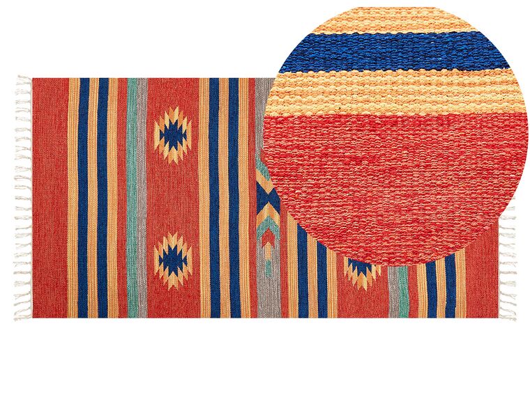 Alfombra kilim de algodón azul/rojo/naranja 80 x 150 cm HATIS_869520