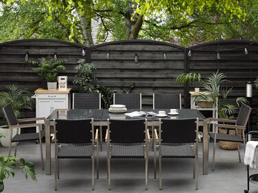 8 Seater Garden Dining Set Grey Granite Top and Black Rattan Chairs GROSSETO