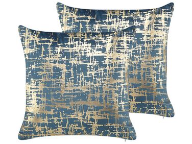 2 poduszki dekoracyjne w abstrakcyjny wzór 45 x 45 cm niebieskie ze złotym GARDENIA