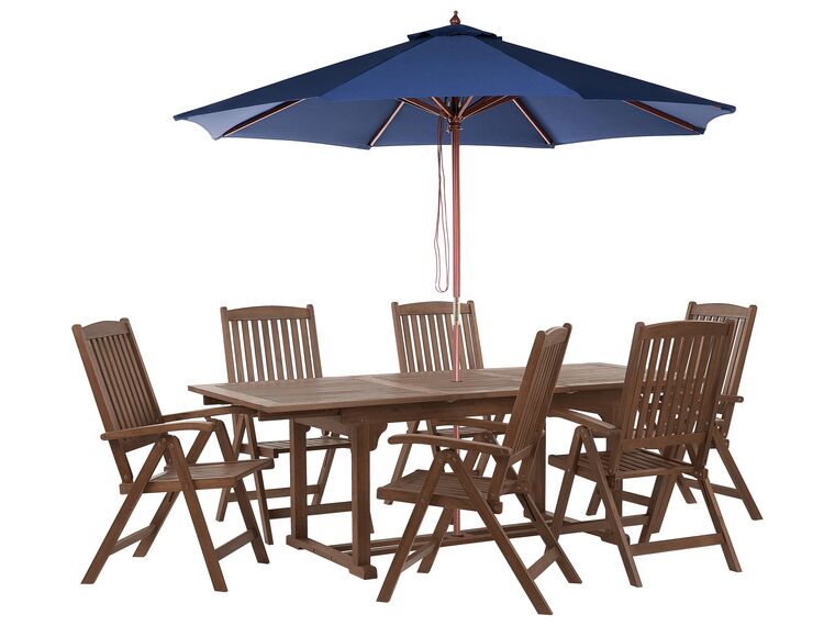 Set da giardino con 6 sedie legno di acacia scuro e ombrellone blu AMANTEA_880683