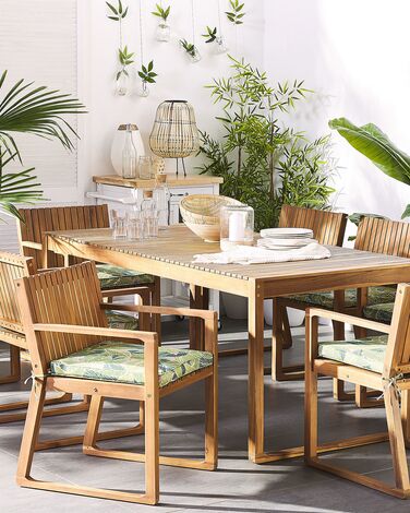 Set of 8 Acacia Wood Garden Dining Chairs with Leaf Pattern Green Cushions SASSARI