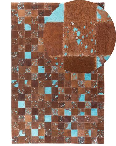 Teppich Kuhfell braun-blau 160 x 230 cm Patchwork ALIAGA