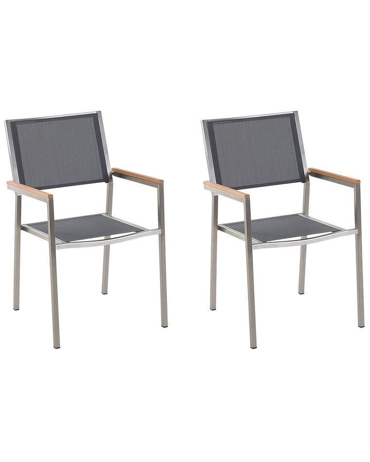 	Conjunto de 2 sillas de jardín de poliéster/acero gris/plateado/madera clara GROSSETO_724697