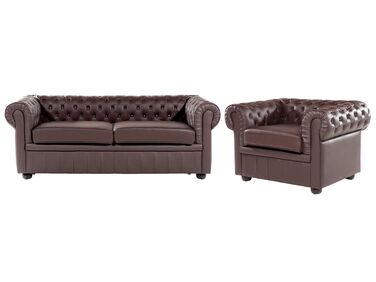 Soffgrupp 3-sits soffa + fåtölj läder brun CHESTERFIELD