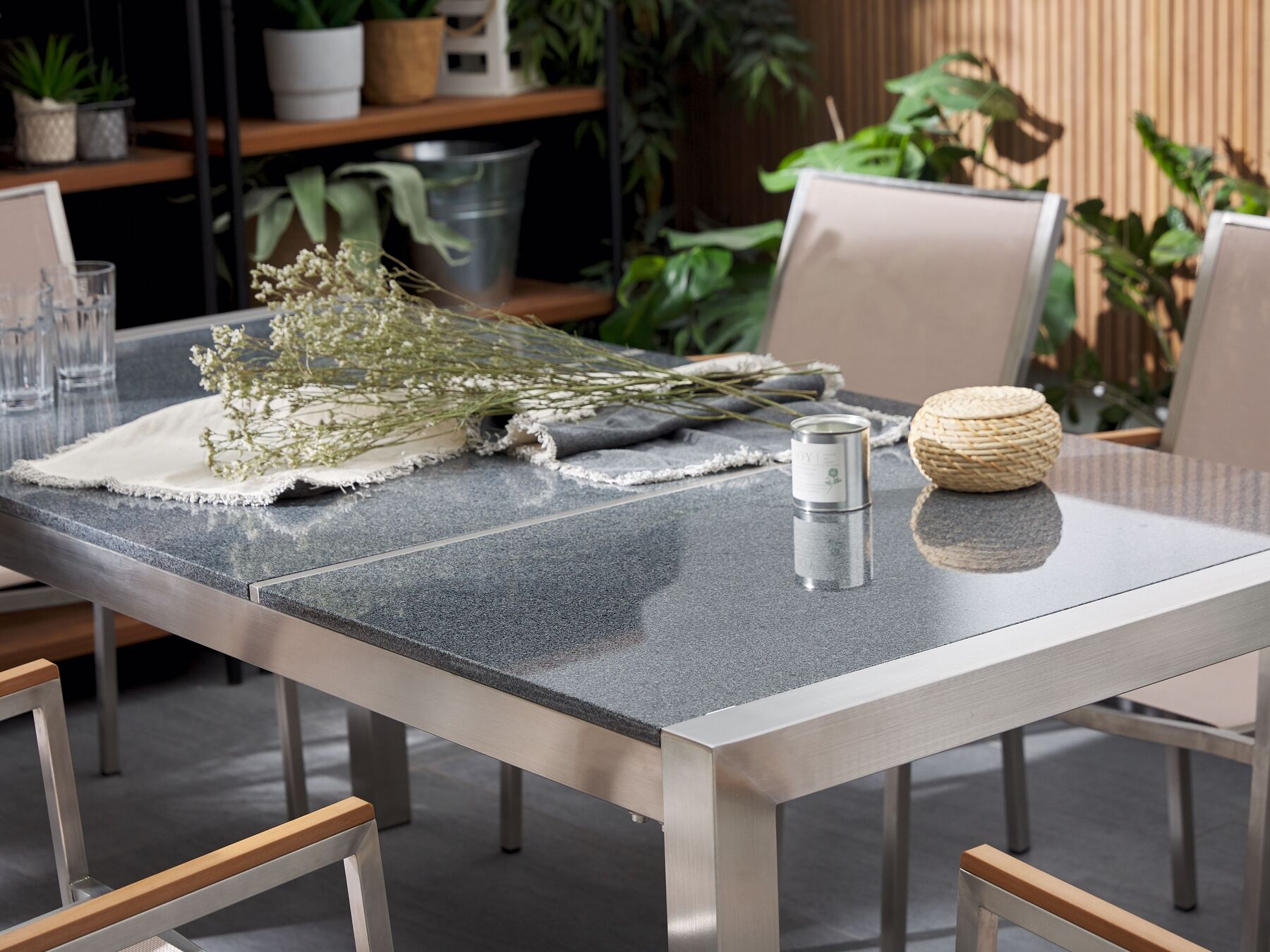 Conjunto de jardín mesa con tablero de piedra natural pulida gris 180