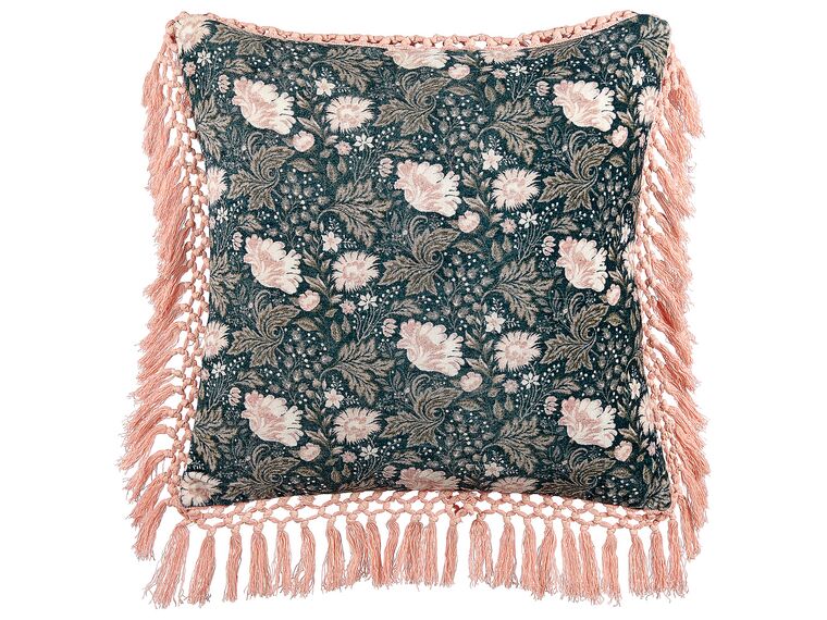 Velvet Cushion Flower Pattern with Tassels 45 x 45 cm Blue and Pink PARROTIA_839021