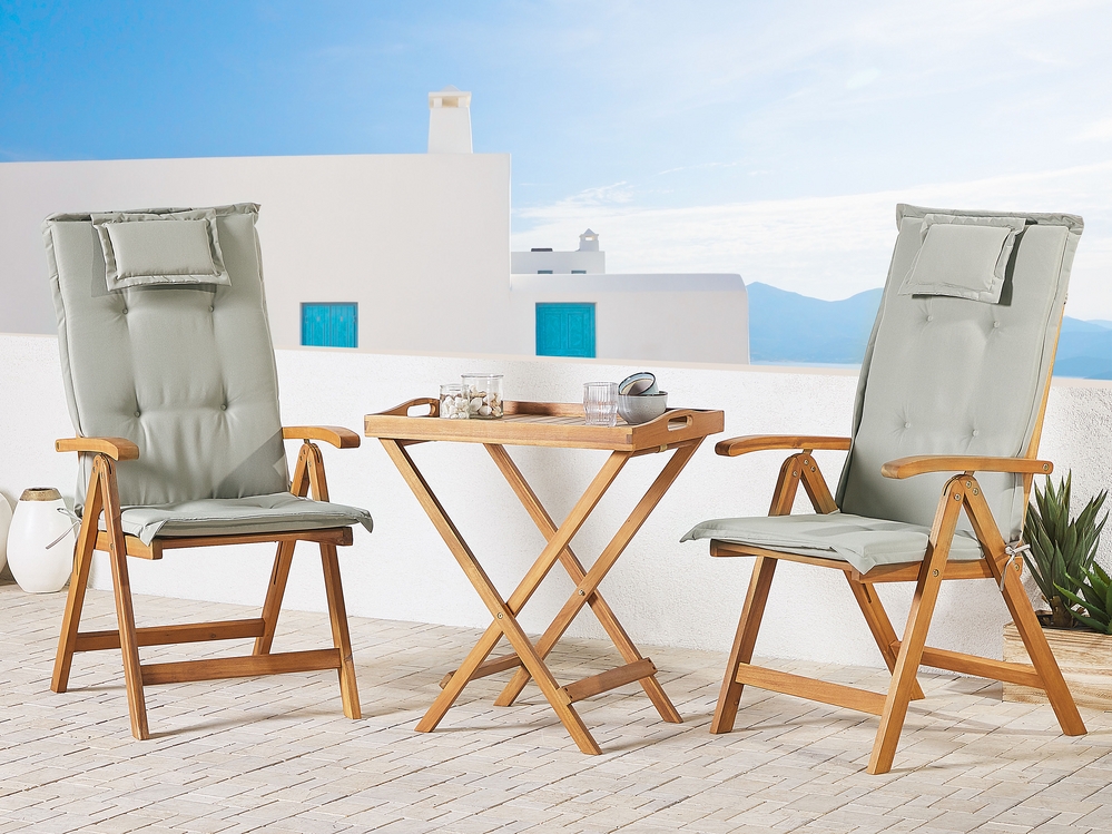 Set di 2 sedie con cuscini grigio beige e tavolino in legno di acacia JAVA  
