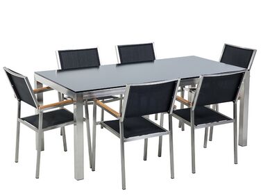 Conjunto de mesa com tampo em vidro preto 180 x 90 cm e 6 cadeiras pretas GROSSETO