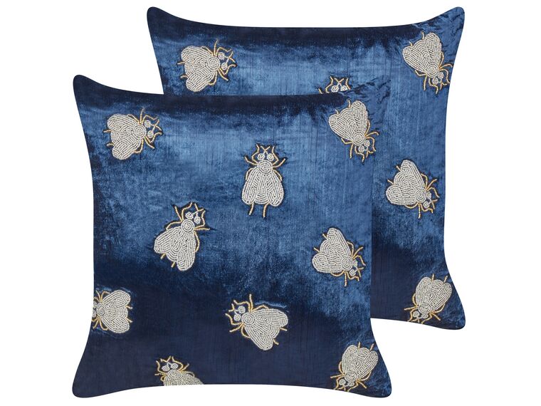 Set of 2 Embroidered Velvet Cushions Flies Motif 45 x 45 cm Navy Blue PENTAS_892821