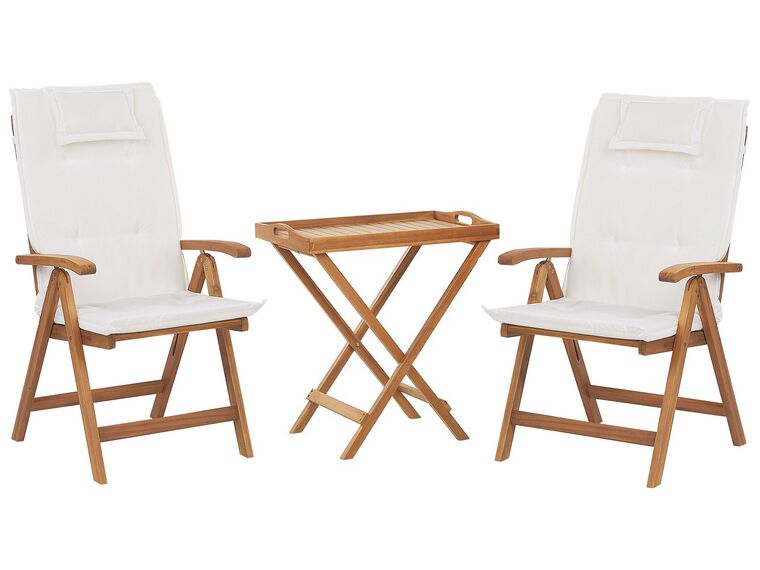 Set de terrasse table et 2 chaises en bois clair coussins blanc cassé JAVA_785796