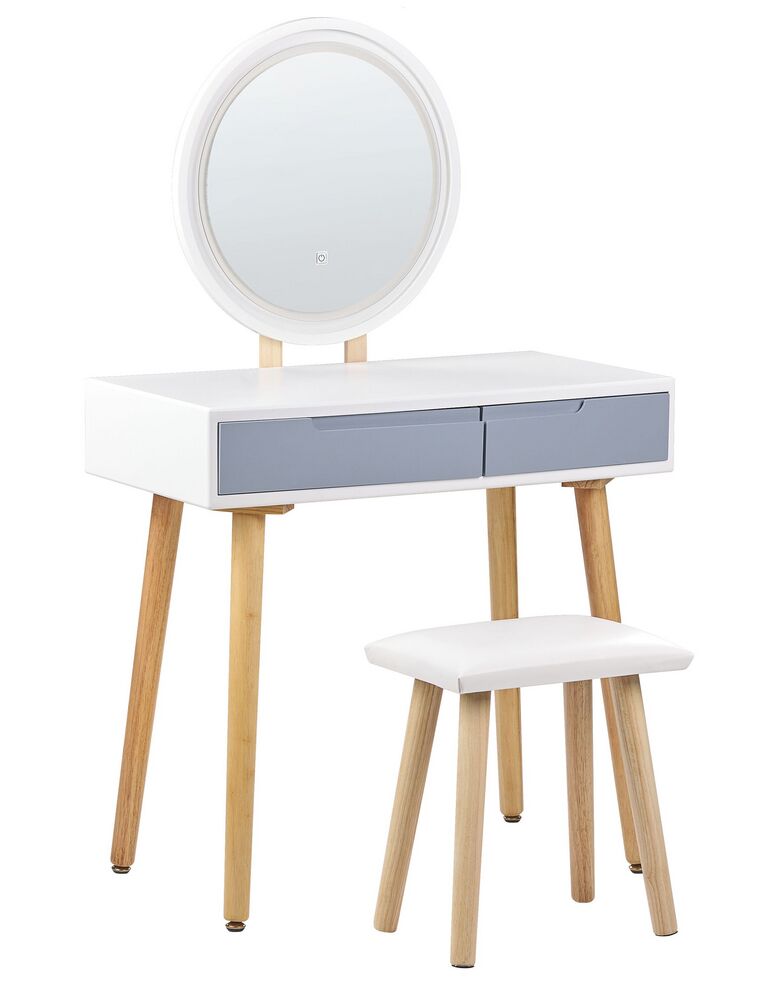 Coiffeuse blanc et gris avec 2 tiroirs un miroir à LED et un tabouret JOSSELIN_850138