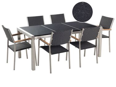 Table de jardin plateau granit noir poli 180 cm 6 chaises en rotin GROSSETO