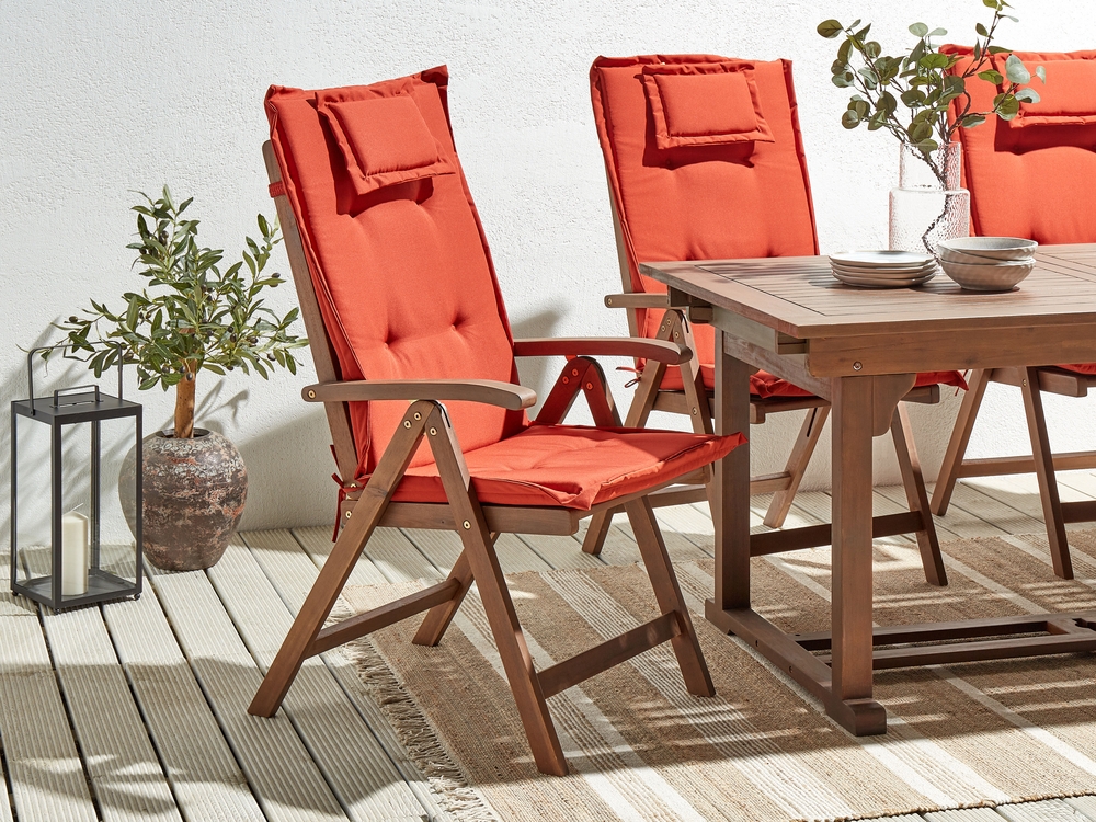 Set di 6 sedie da giardino legno di acacia scuro con cuscini rossi AMANTEA  