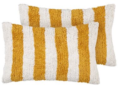 Conjunto de 2 almofadas decorativas às riscas em algodão branco e amarelo 30 x 50 cm HELIANTHUS