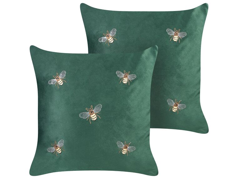 Set of 2 Embroidered Velvet Cushions Bees Motif 45 x 45 cm Green TALINUM _857893