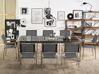 Conjunto de mesa com tampo triplo granito polido preto 220 x 100 cm e 8 cadeiras cinzentas GROSSETO_766686