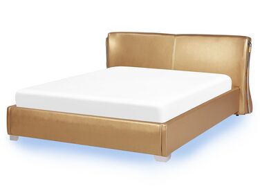 Kožená postel s LED osvětlení 160 x 200 cm zlatá PARIS