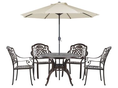 Zestaw ogrodowy metalowy stół i 4 krzesła brązowy SALENTO z parasolem (16 opcji do wyboru)