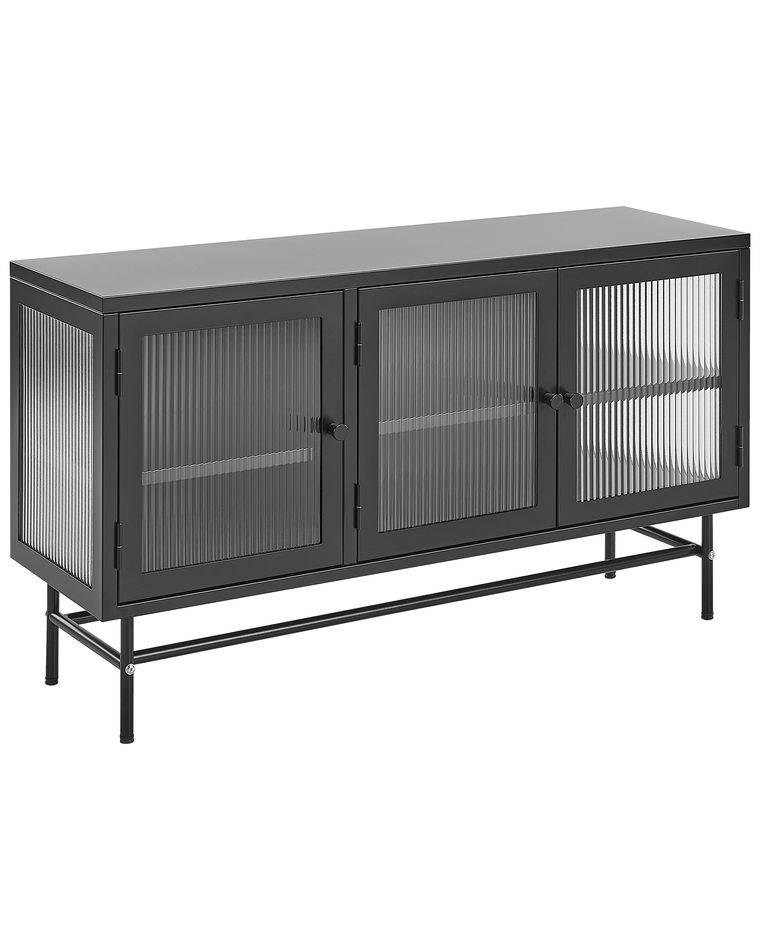 3 Door Metal Sideboard with Glass Display Black DEVON | Beliani.co.uk