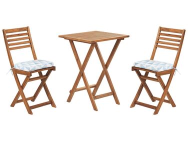 Table et 2 chaises de jardin en bois avec coussins bleu et blanc FIJI