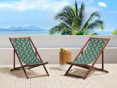 Set of 2 Acacia Folding Deck Chairs and 2 Replacement Fabrics Dark Wood with Off-White / Olives Pattern ANZIO
