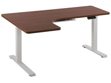 Rohový elektricky nastavitelný psací stůl levostranný 160 x 110 cm tmavé dřevo/bílý DESTIN II