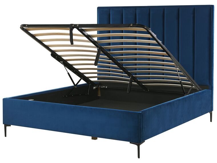 Polsterbett Samtstoff blau mit Bettkasten hochklappbar 140 x 200 cm SEZANNE_800061