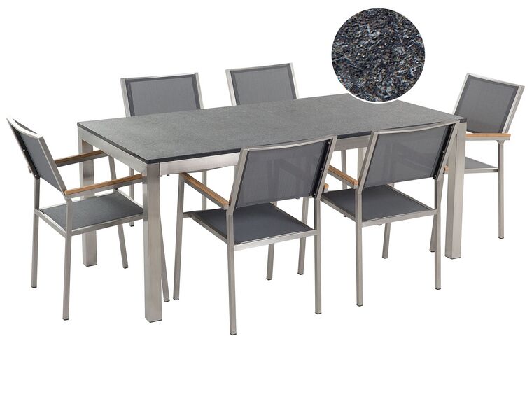 Conjunto de mesa com tampo granito flameado preto 180 x 90 cm e 6 cadeiras cinzentas GROSSETO_435199