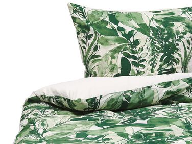 Cotton Sateen Duvet Cover Set Leaf Pattern 155 x 220 cm White and Green GREENWOOD
