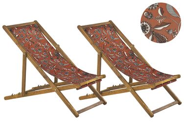 Set of 2 Acacia Folding Deck Chairs and 2 Replacement Fabrics Light Wood with Off-White / Red Floral Pattern ANZIO