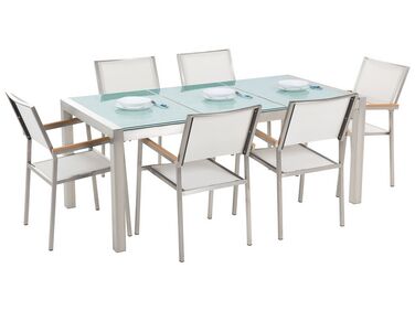Hatszemélyes étkezőasztal repedezett osztott üveglappal és fehér textilén székekkel GROSSETO
