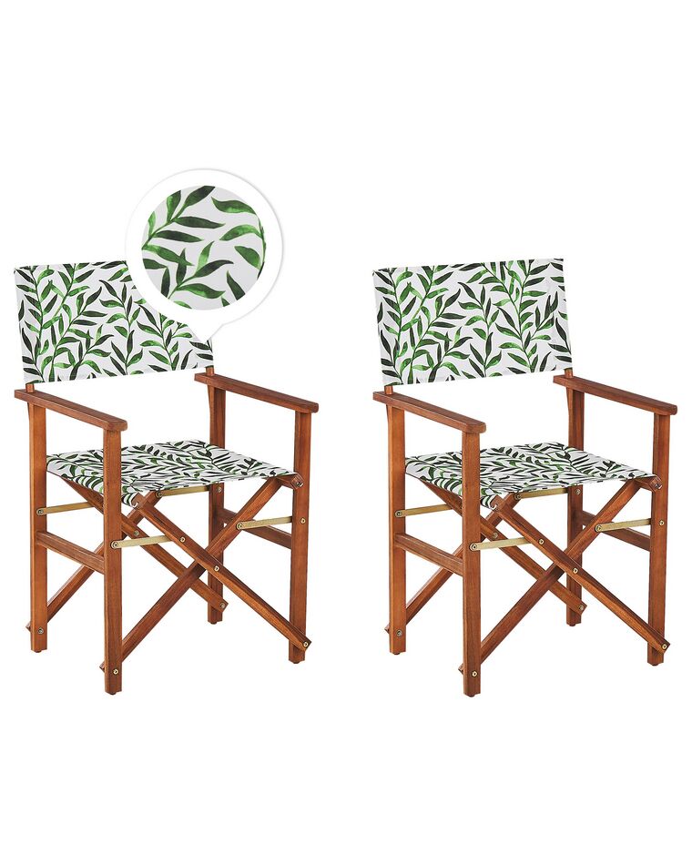 Conjunto 2 cadeiras de jardim madeira escura e 2 lonas creme e padrão folhas CINE_819141