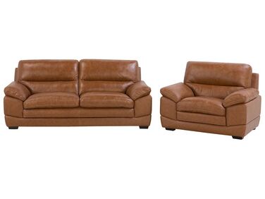 Soffgrupp 3-sits soffa + fåtölj läder guldbrun HORTEN