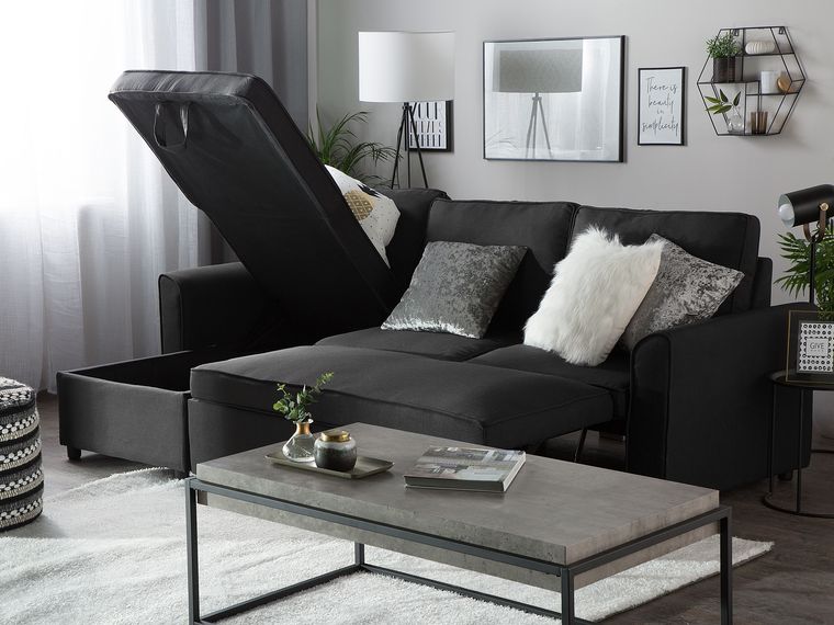 Right Hand Fabric Corner Sofa Bed with Storage Black NESNA Beliani.co.uk
