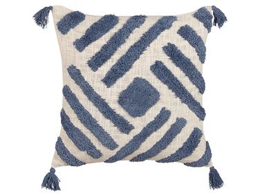 Tufted Cotton Cushion with Tassels 45 x 45 cm Beige and Blue JACARANDA