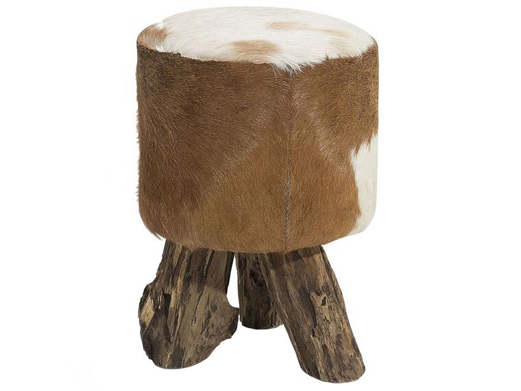 Tamborete em madeira de teca e pele de cabra branca KENT_239294