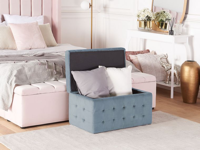 Pouf Rangement Chesterfield Gris Velours - 72 X 42 Cm | Ottoman Capitonné Multifonction