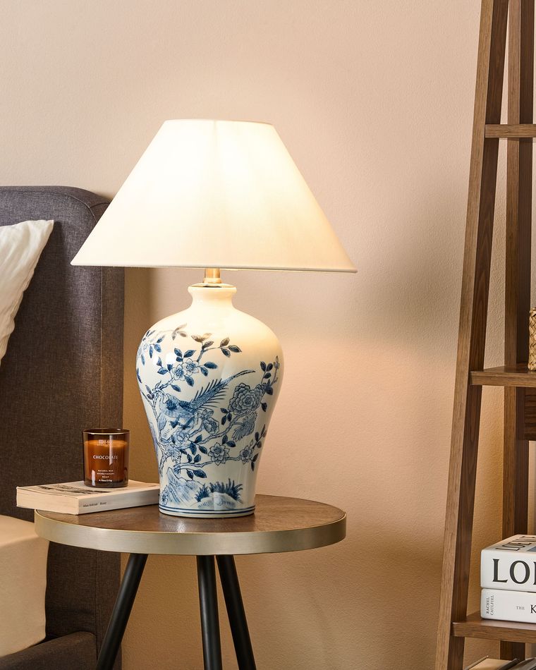 Lampada Da Tavolo In Miniatura Per Casa Delle Bambole - Porcellana Con Fiori Blu, Gialli E Rosa - Scala 1:12