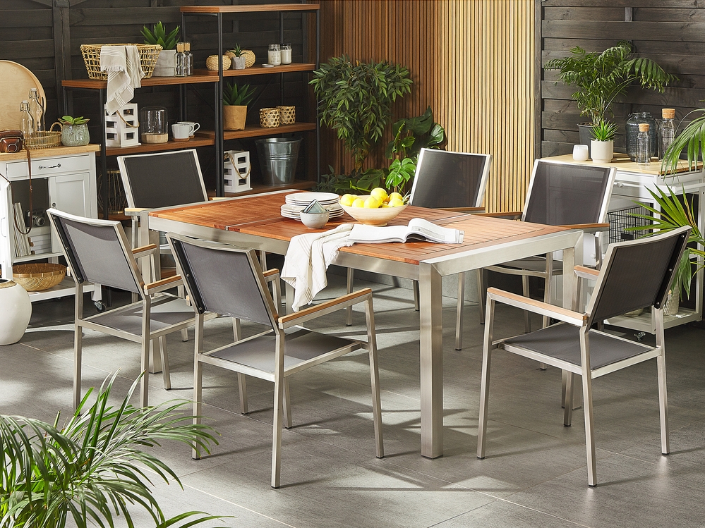 Set di tavolo e sedie da giardino in acciaio eucalipto e fibra tessile  grigio GROSSETO 