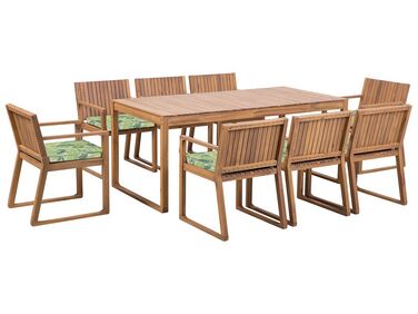 8 Seater Acacia Wood Garden Dining Set with Leaf Pattern Green Cushions SASSARI