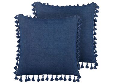 Conjunto de 2 almofadas decorativas com borlas azuis escuras 45 x 45 cm CARPINUS