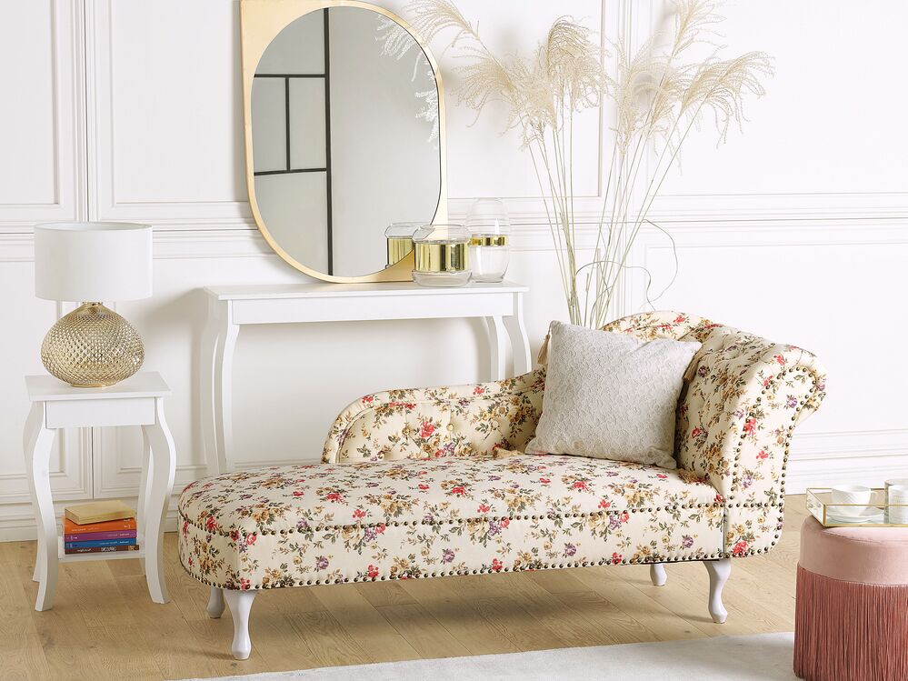 Chaise longue Chesterfield en tissu beige à motif floral côté droit