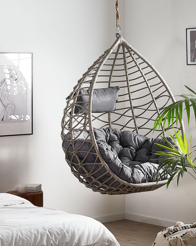 PE Rattan Hanging Chair with Stand Grey ARSITA Beliani.co.uk