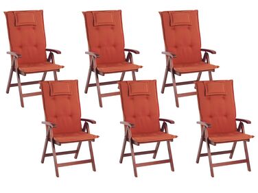 Set of 6 Acacia Garden Folding Chairs with Red Cushions TOSCANA
