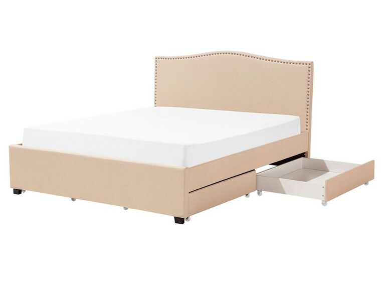 Čalouněná béžová manželská postel s úložným prostorem 160 x 200 cm MONTPELLIER_710901