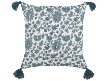 Cotton Cushion Floral Pattern with Tassels 45 x 45 cm White and Blue RUMEX
