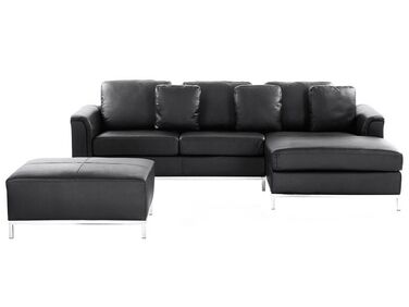 Left Hand Leather Corner Sofa with Ottoman Black OSLO