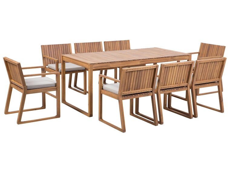 Zestaw ogrodowy drewniany stół i 8 krzeseł z poduszkami beżowoszarymi SASSARI_746044