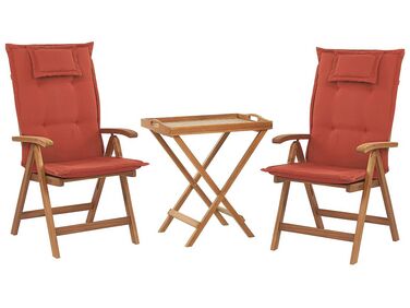 Set di 2 sedie con cuscini terracotta e tavolino in legno di acacia JAVA