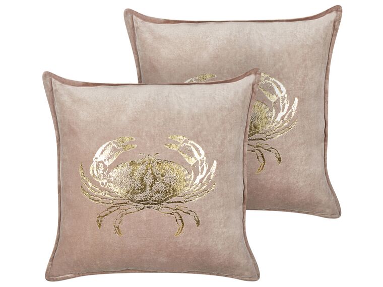 Set of 2 Velvet Cushions Crab Motif 45 x 45 cm Taupe BOSSIELLA_893130